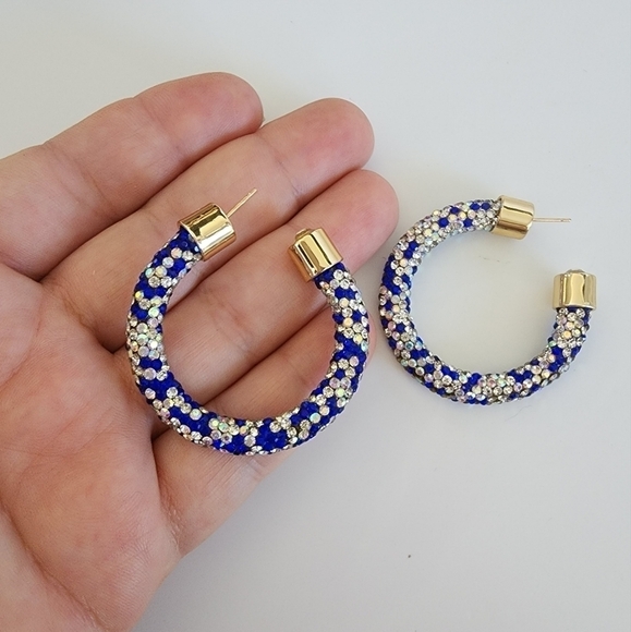 NWT Blue Sapphire Wite Rhinestone Embellished Hoop Earrings - Picture 5 of 6